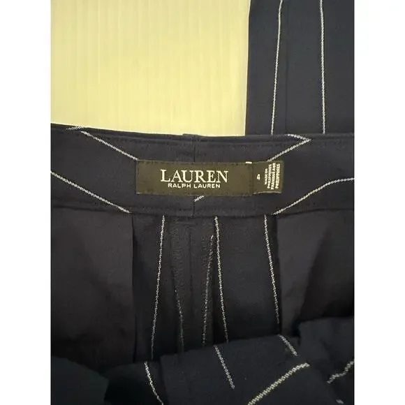 Lauren Ralph Lauren Black Label Pleated Navy Pinstripe Cuffed High Waist Sz 4 - Picture 11 of 14